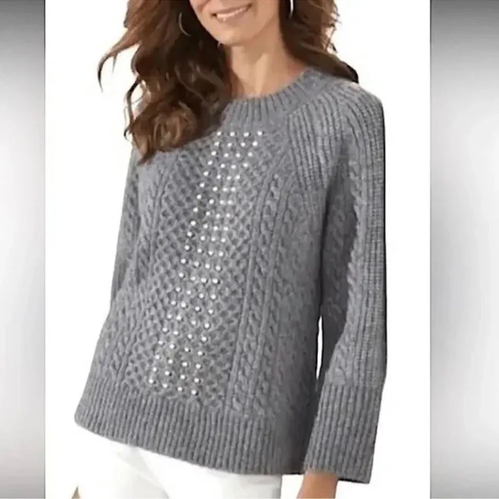 Soft Surroundings Noemi Pearl Cable Knit Sweater Crewneck Gray Size Small